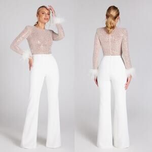 NEW Nadine Merabi Amelia Sequin Mesh Jumpsuit White Size‎ XS